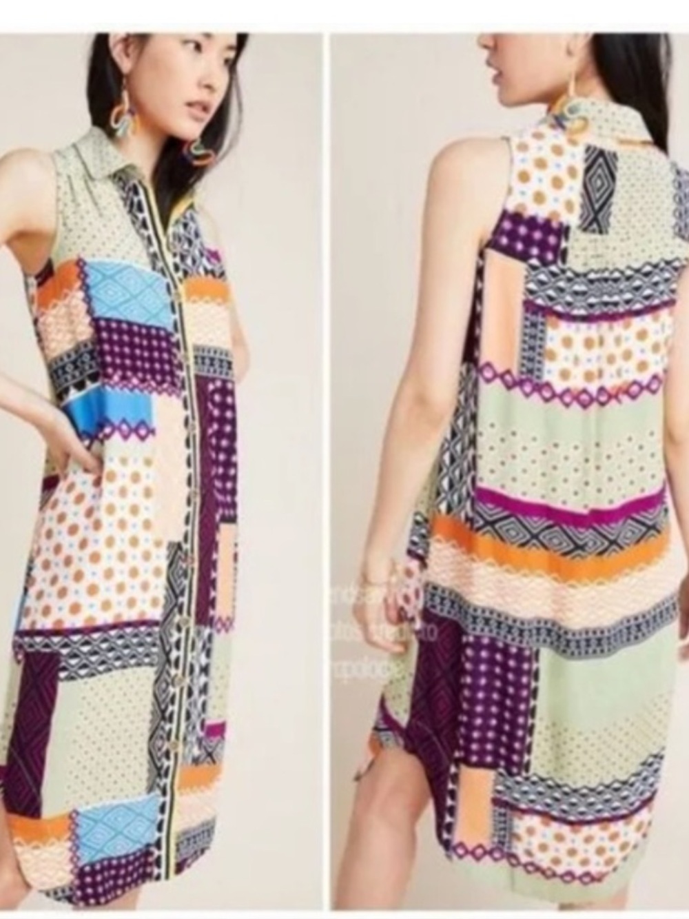 Anthropologie Everyway Patchwork Sleeveless Button Front Shirt Dress 6